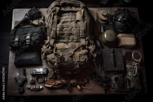 military backpack surrounded by gear and supplies, ready for action, created with generative ai