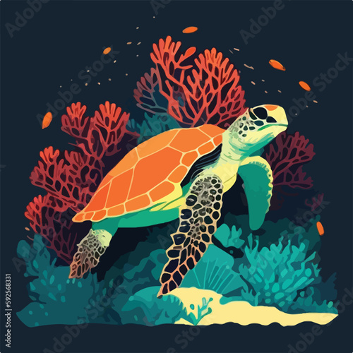 Hawksbill sea turtle in the coral reef. Threatened or endangered species animals. Flat vector illustration concept. Generative AI