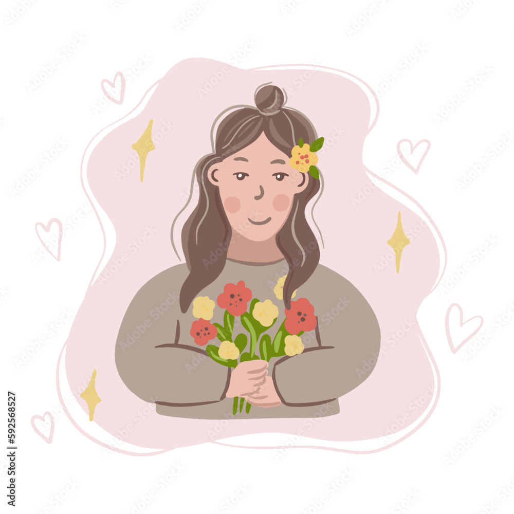 Portrait of cute girl with flowers. Self care, self love, harmony. Isolated illustration. Portrait of cute girl with flowers. Self care, self love, harmony. Isolated illustration.