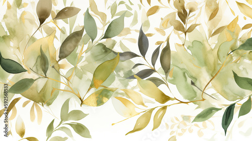 beautiful watercolor seamless border 3, illustration with green gold leaves and branches