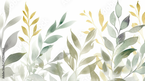 beautiful watercolor seamless border 2  illustration with green gold leaves and branches