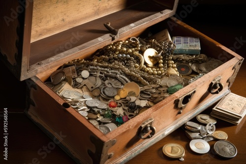 safe deposit box full of heirlooms from a grandmother's life, created with generative ai photo