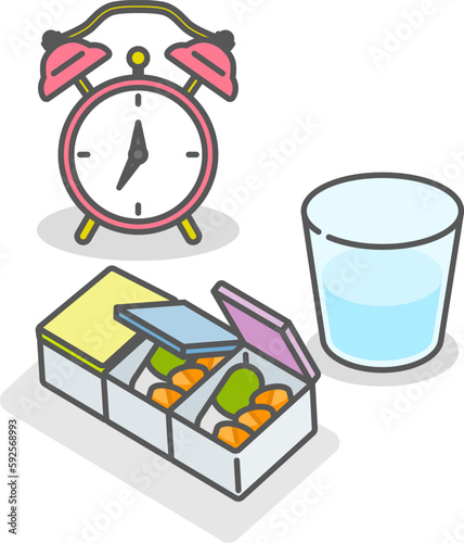 ヘルスケア_ピルケースに入れた薬とコップ