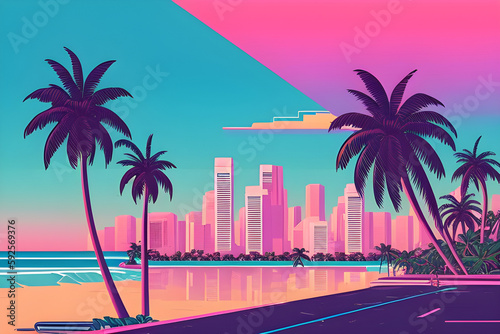 Tropical city skyline at sunset, 80s vibe. Generative AI