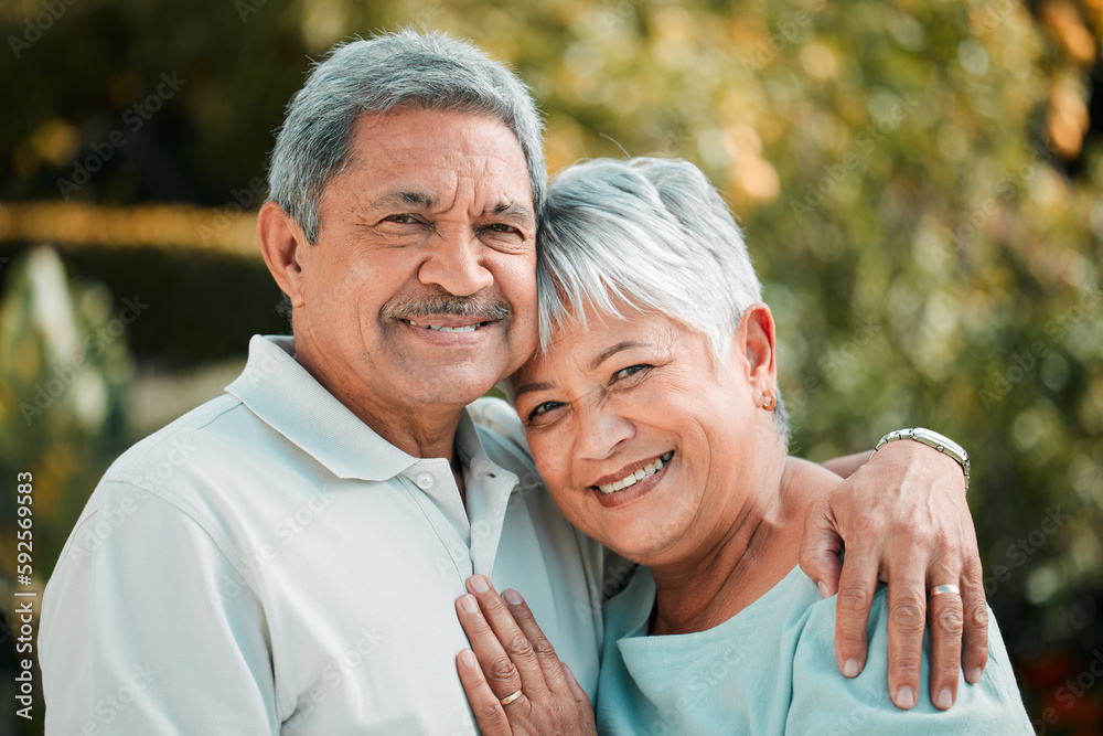 Senior couple, portrait and hug in park, garden and nature for love, care and happiness in summer. Happy man, elderly woman and retirement of marriage partner, relax and smile of quality time outdoor Senior couple, portrait and hug in park, garden and nature for love, care and happiness in summer. Happy man, elderly woman and retirement of marriage partner, relax and smile of quality time outdoor