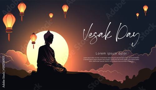 Vesak Day Creative Concept for Card or Banner. Vesak Day is a holy day for Buddhists. Happy Buddha Day with Siddhartha Gautama Statue Design Vector Illustration