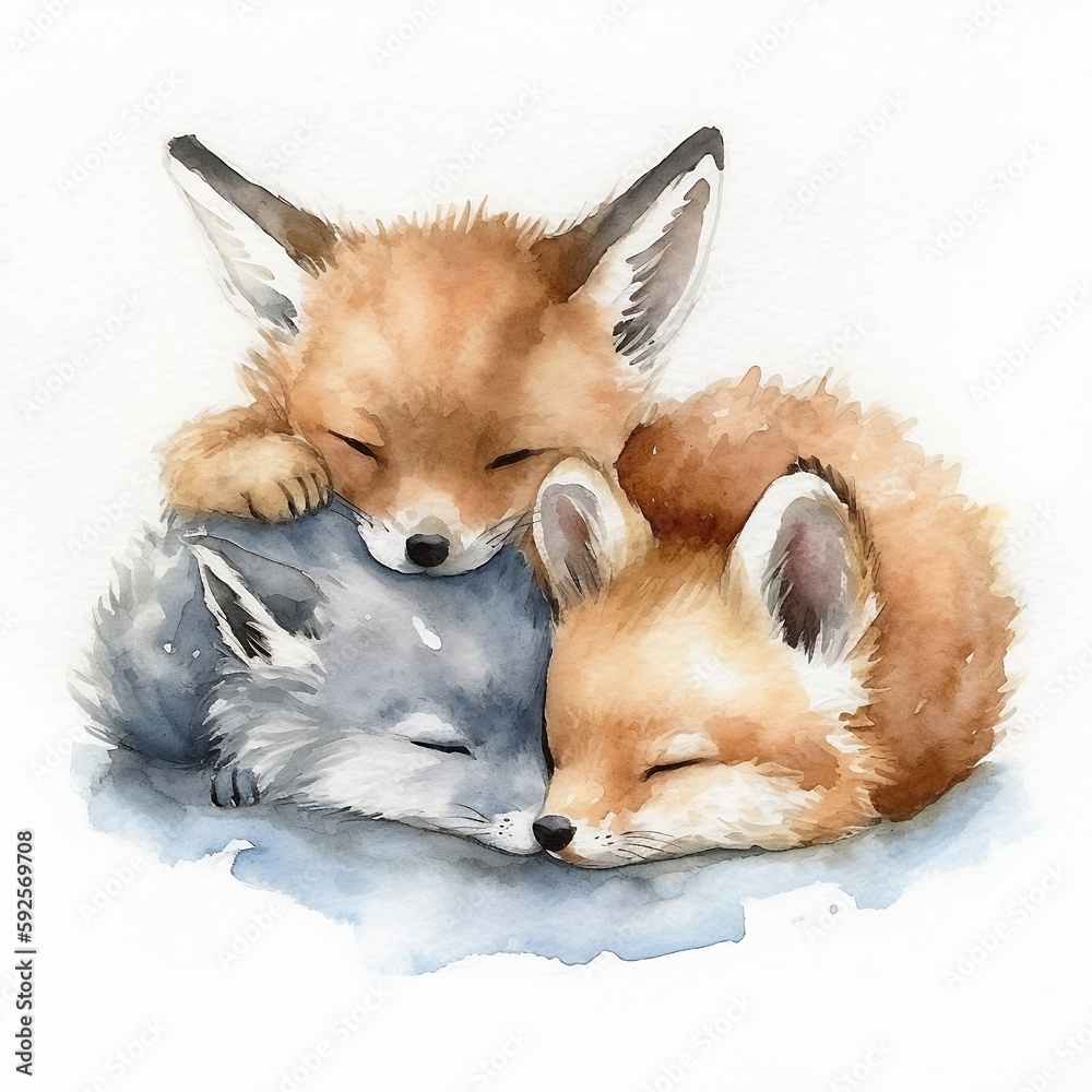 Sleeping Baby foxswatercolor, Nursery Animal Cute
