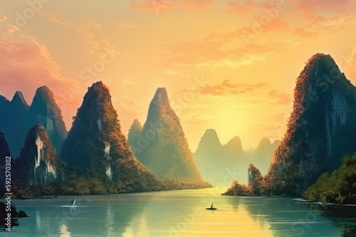 Landscape of Guilin. Illustration of mountains and river at sunset. Generative AI