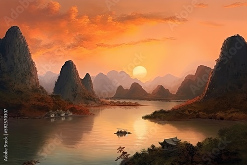Mountains with river at sunset, summer landscape in Guangxi province. Generative AI © Iryna