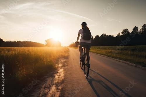 Illustration of a girl on a bicycle riding at sunset. Generative AI