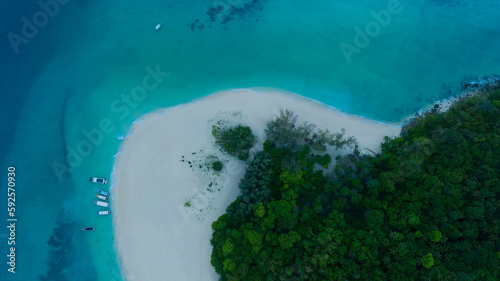 The aerial view of white sand beach tropical with seashore as the island in a coral reef ,blue and turquoise sea Amazing nature landscape and lagoon background