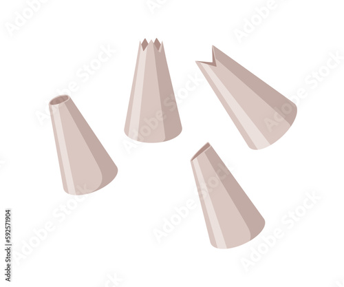 Metal piping tips kit for cream, pastry decoration tool. Steel heads, caps for cakes, confectionery decor. Cooking decorating nozzles, dispensers. Flat vector illustration isolated on white background