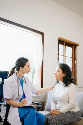 Psychology, depression. Suffering asian old woman, consulting with psychologist, psychiatrist while patient counseling mental problem. Encouraging, health care..