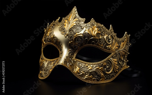 Metallic gold mask, golden mask for Purim, carnival, masquerade, Venetian party background, ai generative