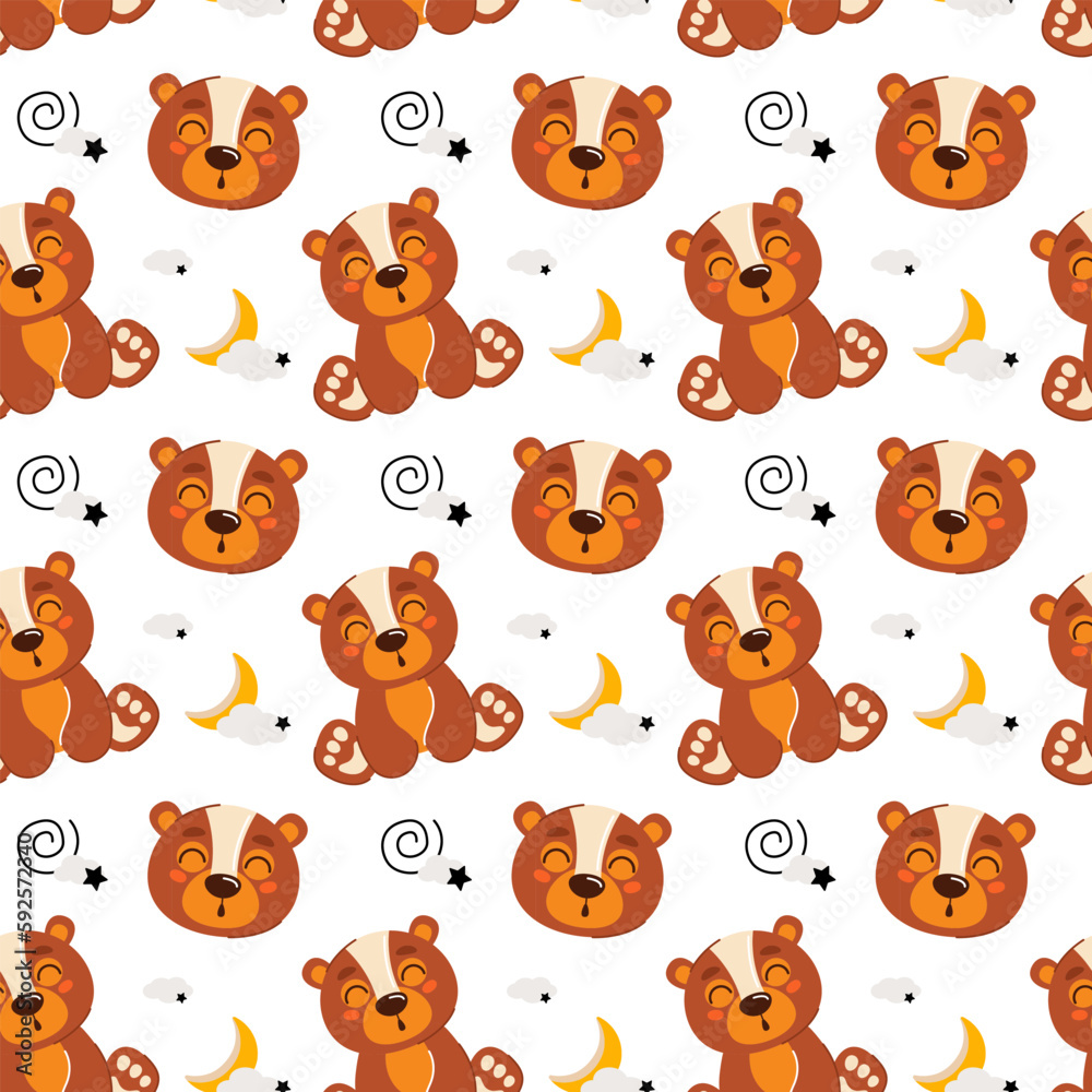 Cute kids seamless animal pattern. Drawing of a bear cub in the clouds. The concept of sleep. Printing on fabric, paper and design. Vector illustration Cute kids seamless animal pattern. Drawing of a bear cub in the clouds. The concept of sleep. Printing on fabric, paper and design. Vector illustration