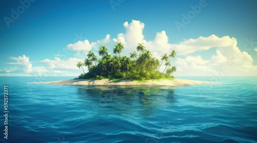 Small Tropical Island with palms on Ocean. AI generative 