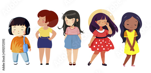 Body positive women vector illustration. Plus size girls cartoon characters of different nationalities. African, asian, european, latina beautiful smiling girls