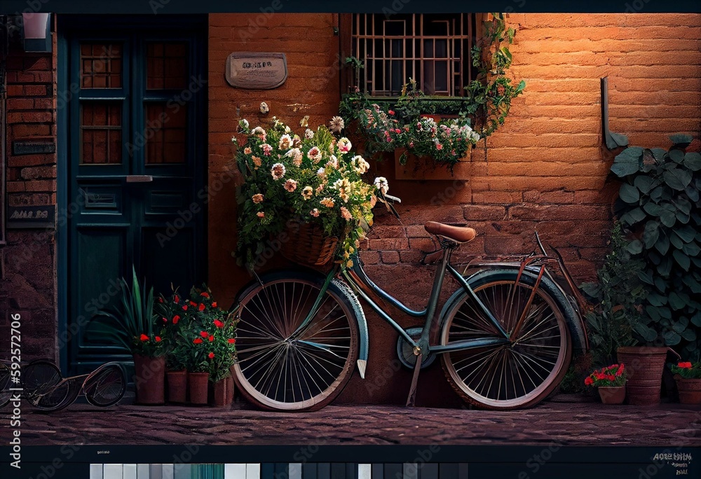 a bicycle with a basket full of flowers parked on the side of a street next to a brick building with a flower box on the front of the bike.  generative ai