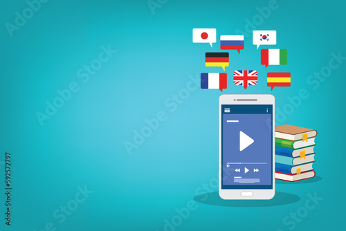 Learning Foreign Language Courses. Smartphone with Educational App.