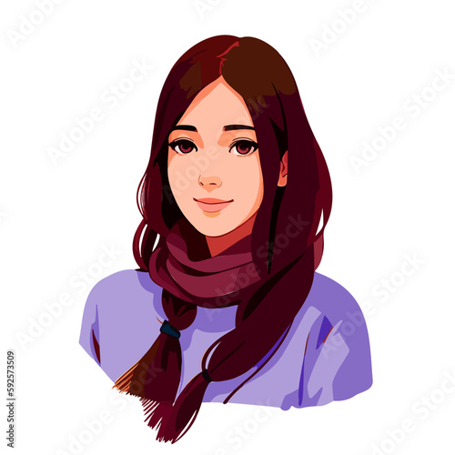 Beautiful brunette girl in a burgundy carf. A very nice girl looks straight and smiles. Burgundy Shawl. Emotion woman face. Portrait.Isolated vector illustration