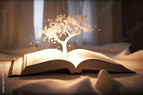 An open Bible with the tree of life in the middle of the book Generative AI Illustration