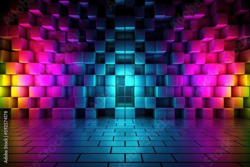 Abstract colorful background wall for photography with mosaic floor and 3D cube shapes wall Generative AI Illustration