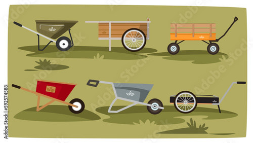Vector illustration of garden van on green grass background. Farm cart set. Vector illustration set icon equipment of garden wagon..