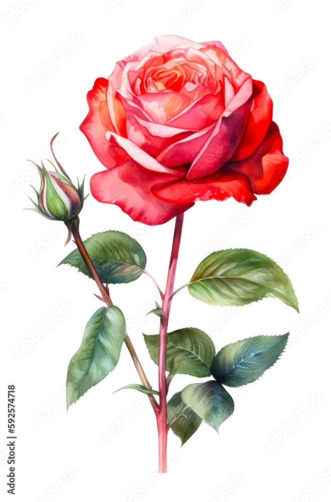 Beautiful bright scarlet rose flower. Watercolor red rose isolated on white background. Generative AI.