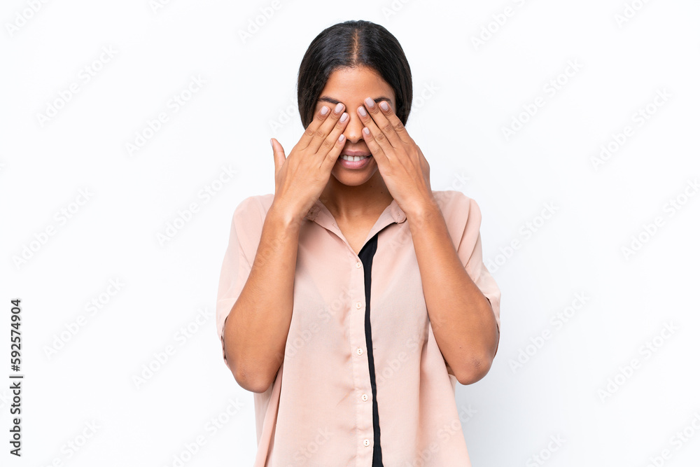 Young African american woman isolated on white background covering eyes by hands Young African american woman isolated on white background covering eyes by hands