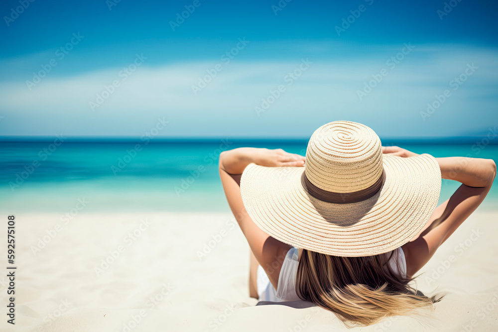 Woman with straw hat sunbathing on tropical beach