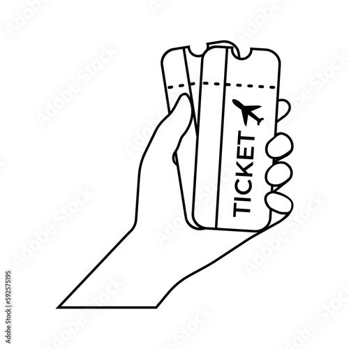 Outline icon hand holding plane tickets. Vector illustration of a hand holding blizzards on an airplane. Boarding passes for air travel in hand
