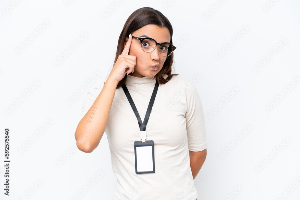 Young caucasian woman with ID card isolated on white background thinking an idea Young caucasian woman with ID card isolated on white background thinking an idea