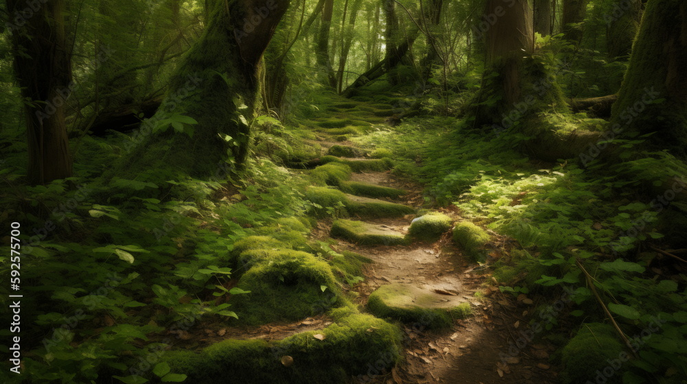 Fototapeta premium Enchanted Forest Trail Serene Path Through a Mystical Forest, Towering Trees Laden with Moss, Immortalized in Captivating Detail to Bring Nature's Magic into Your Home or Office. Generative AI