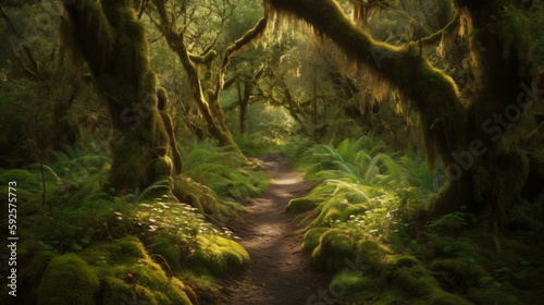 Enchanted Forest Trail Serene Path Through a Mystical Forest, Towering Trees Laden with Moss, Immortalized in Captivating Detail to Bring Nature's Magic into Your Home or Office. Generative AI © Akash