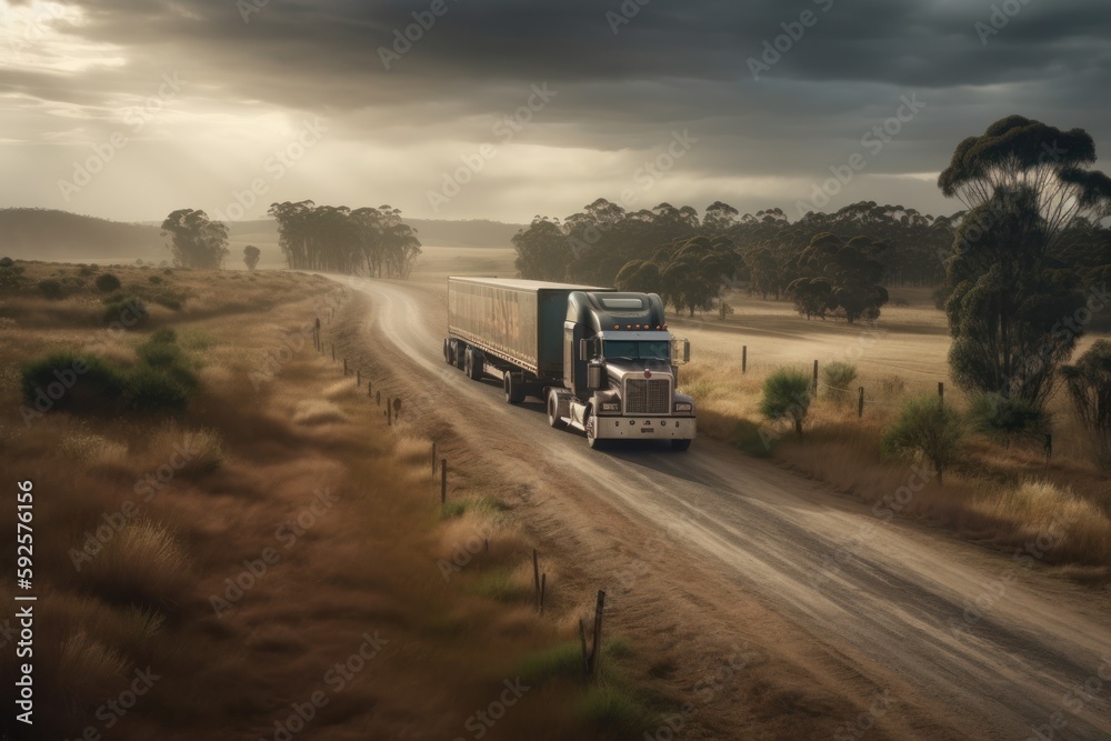Truck driving on the road in the Australian outback during the day. Generative AI