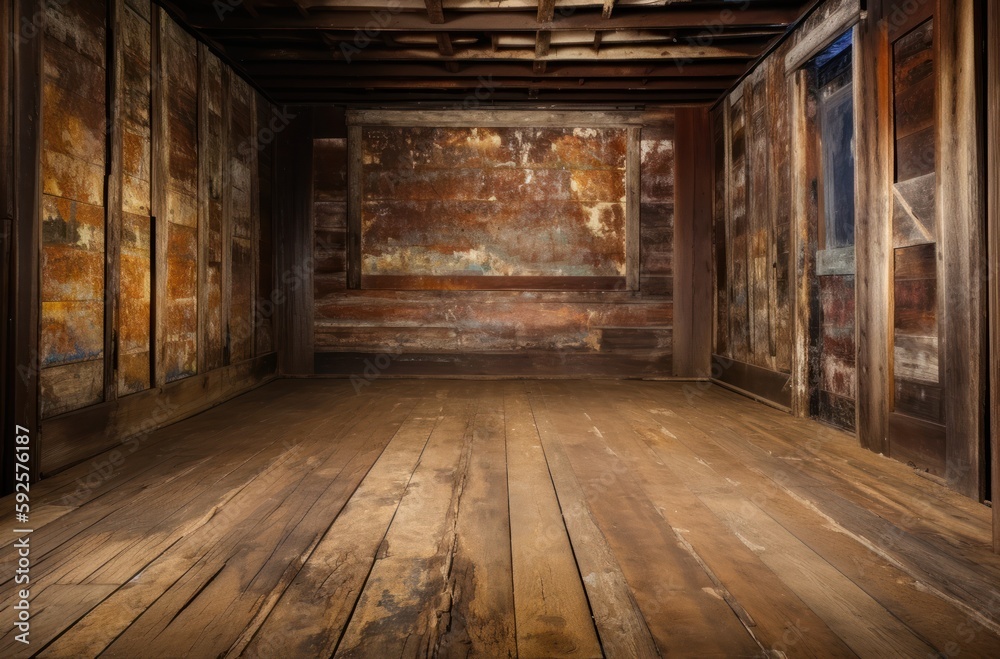 Old wooden interior with grunge wall and wooden floor. Generative AI Old wooden interior with grunge wall and wooden floor. Generative AI