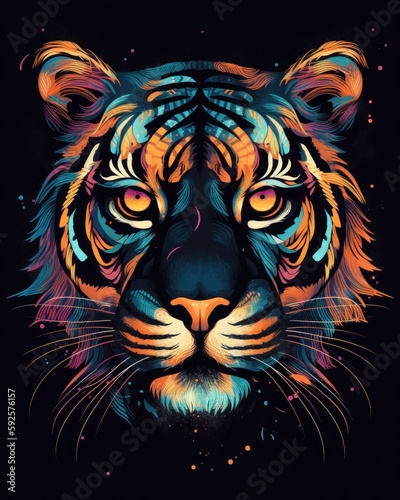 Tiger head colorful art design on black background. Generative AI illustration.