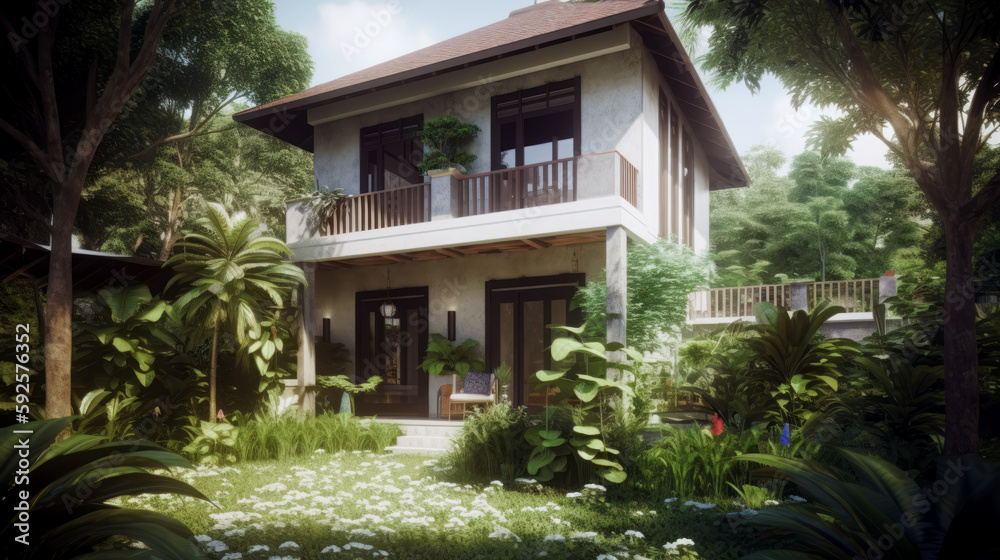 Modern house in the garden with sunlight and lens flare filter effect. Generative AI