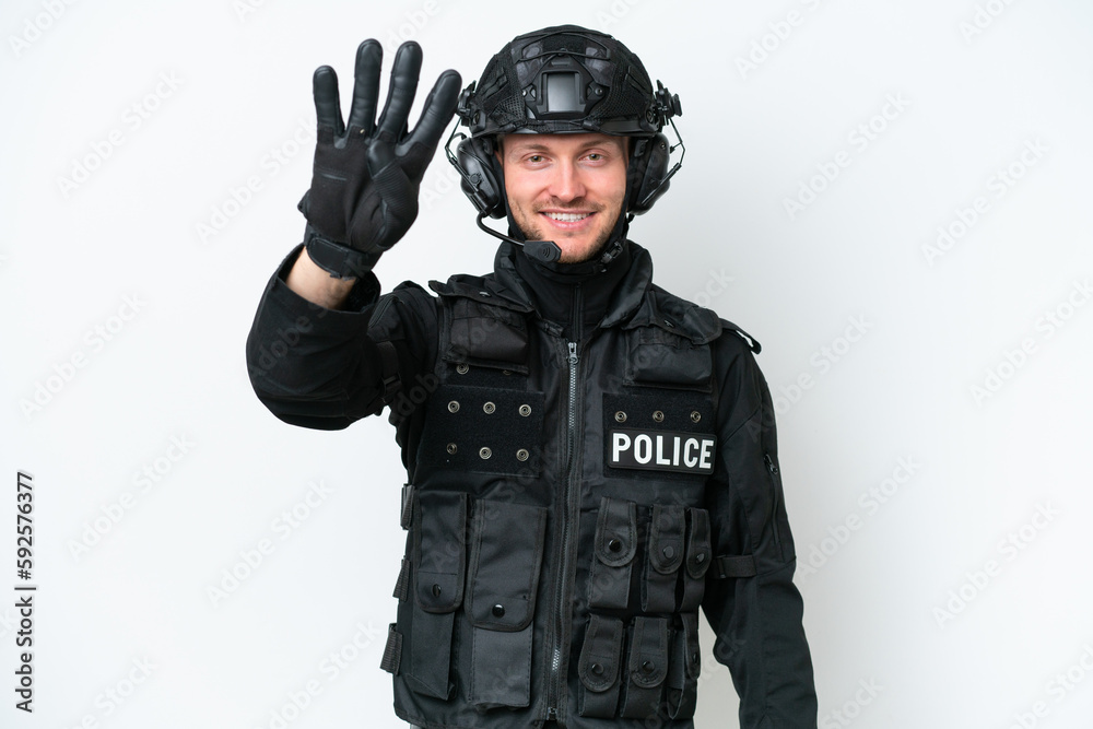 SWAT man over isolated white background happy and counting four with fingers SWAT man over isolated white background happy and counting four with fingers