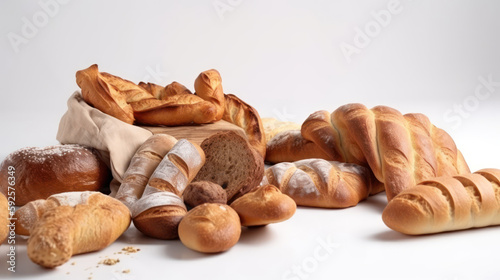 Different types of bread on a white background. Bakery products. Generative AI