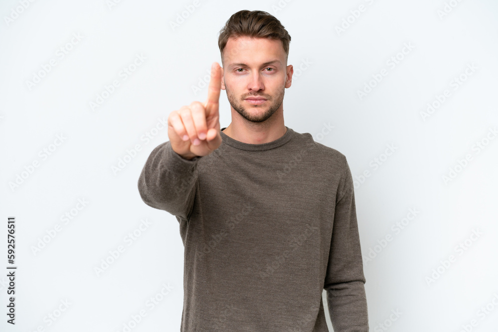 Young blonde caucasian man isolated on white background showing and lifting a finger Young blonde caucasian man isolated on white background showing and lifting a finger