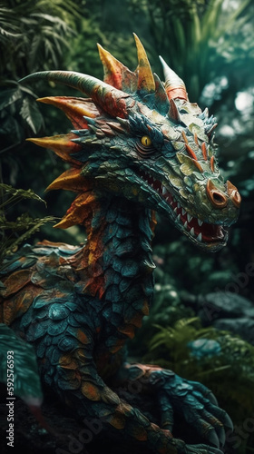 Dragon In Realistic Photography Style In Colorful Tropical Jungle Detailed Portrait Front Lock Generative Ai Digital Illustration Part 140423 © Cool Patterns