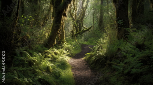 Enchanted Forest Trail Serene Path Through a Mystical Forest  Towering Trees Laden with Moss  Immortalized in Captivating Detail to Bring Nature s Magic into Your Home or Office. Generative AI