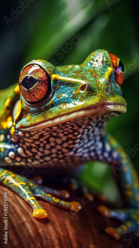 Frog In Realistic Photography Style In Colorful Tropical Jungle Detailed Portrait Front Lock Generative Ai Digital Illustration Part 140423 © Cool Patterns