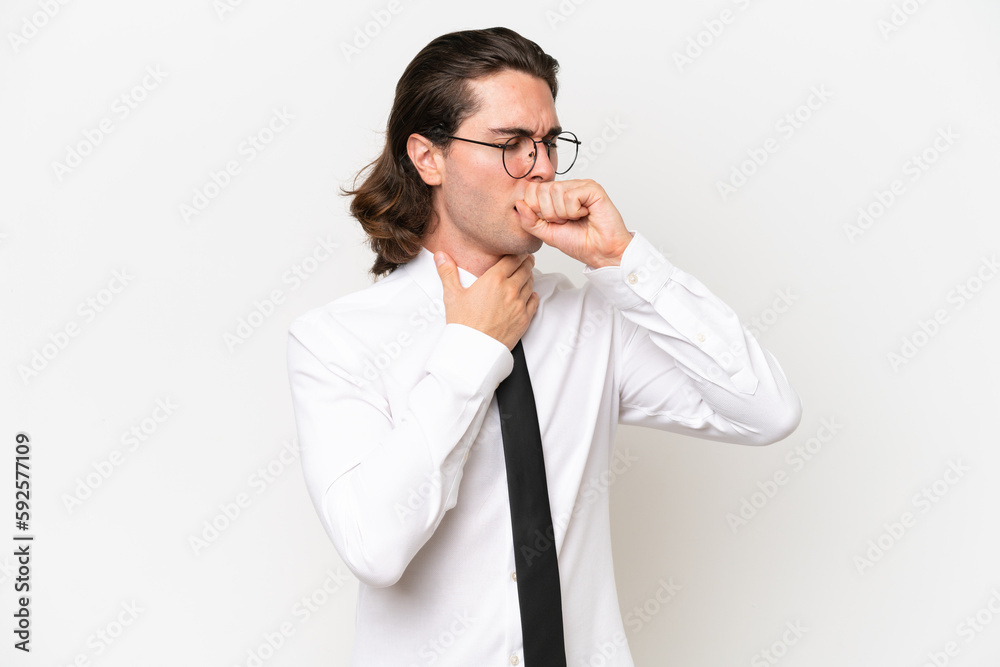Business handsome man isolated on white background is suffering with cough and feeling bad Business handsome man isolated on white background is suffering with cough and feeling bad