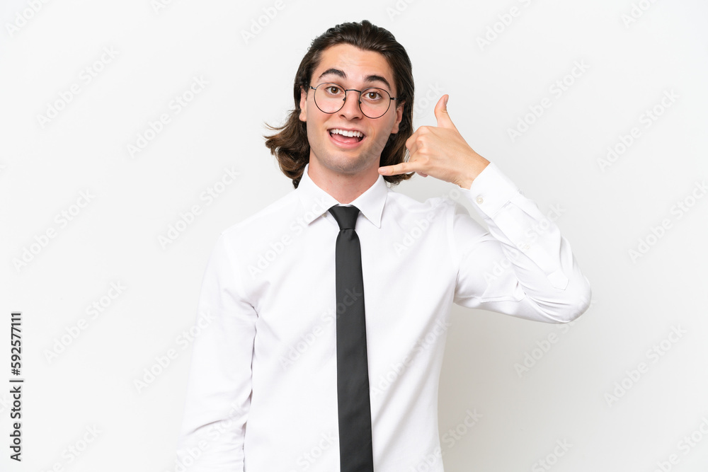 Business handsome man isolated on white background making phone gesture. Call me back sign Business handsome man isolated on white background making phone gesture. Call me back sign