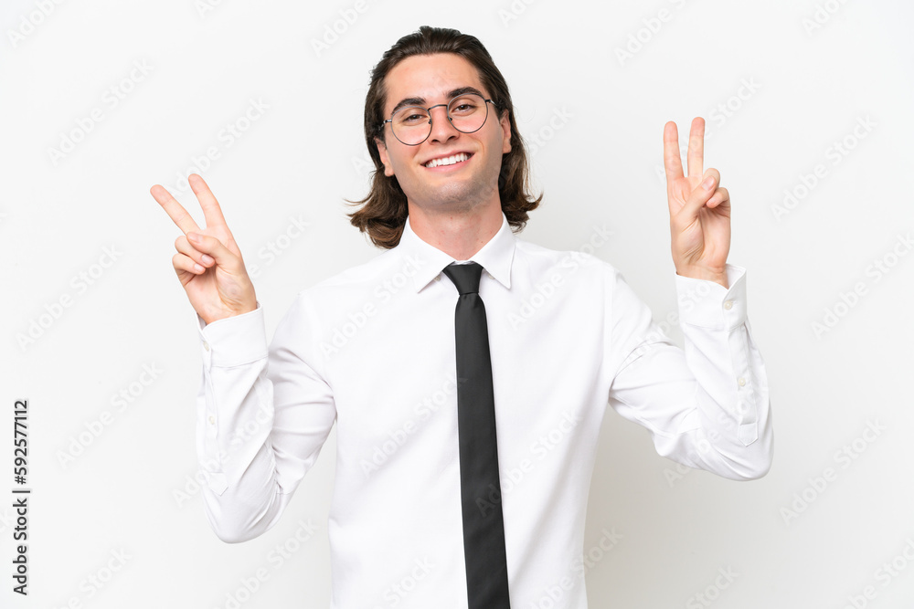 Business handsome man isolated on white background showing victory sign with both hands Business handsome man isolated on white background showing victory sign with both hands