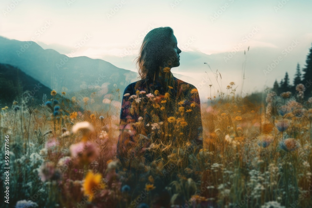 double exposure image of a person standing in a field of flowers, with a scenic landscape view overlaid in the background - ai generated double exposure image of a person standing in a field of flowers, with a scenic landscape view overlaid in the background - ai generated