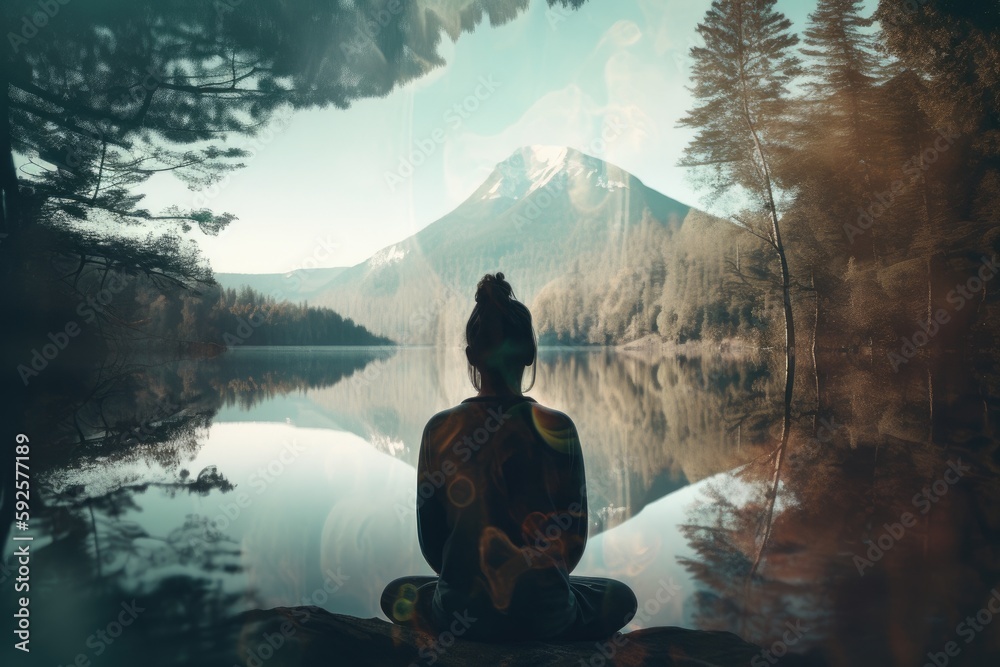A double exposure image of a person meditating, with a beautiful nature view overlaid in the background