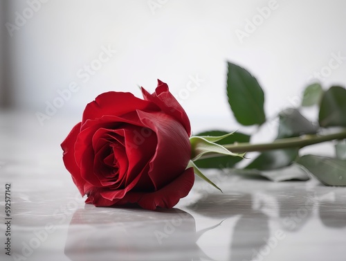 single red rose with reflection on white background. Generative ai